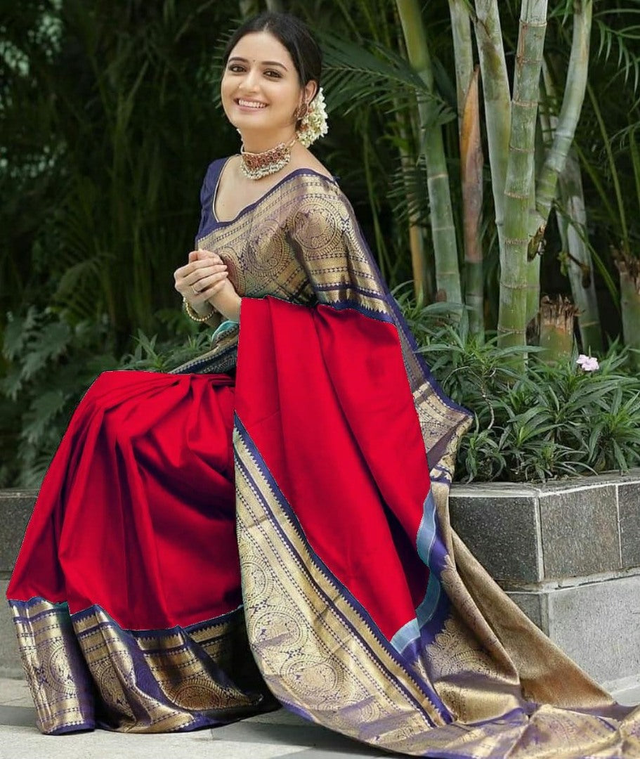 Red soft lichi silk jacquard weaving work party wear saree