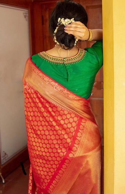 Red soft lichi silk jacquard weaving work party wear saree