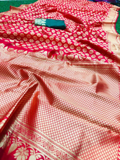 Red soft lichi silk jacquard weaving work party wear saree
