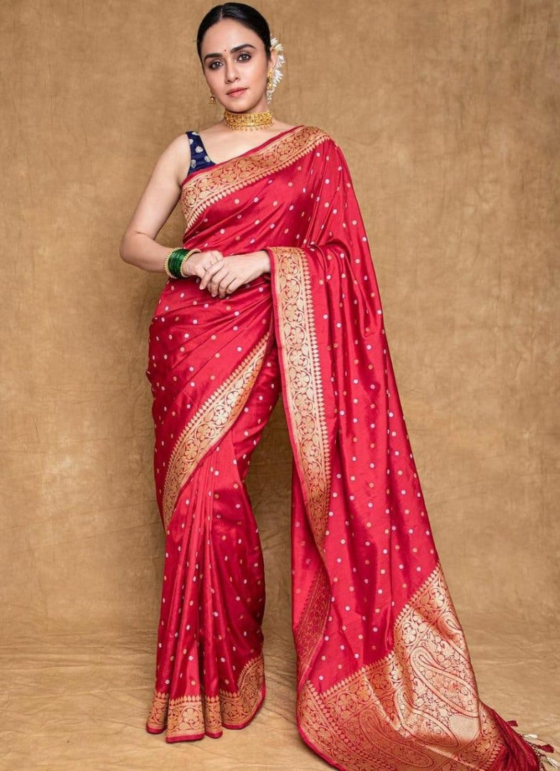 Red soft lichi silk jacquard weaving work wedding saree