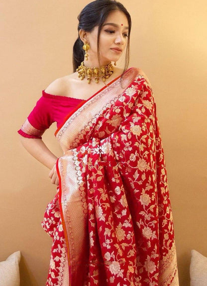 Red soft lichi silk jacquard weaving work wedding saree