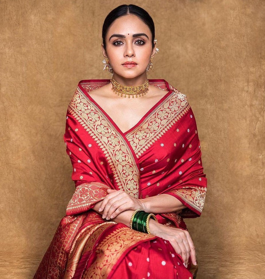 Red soft lichi silk jacquard weaving work wedding saree