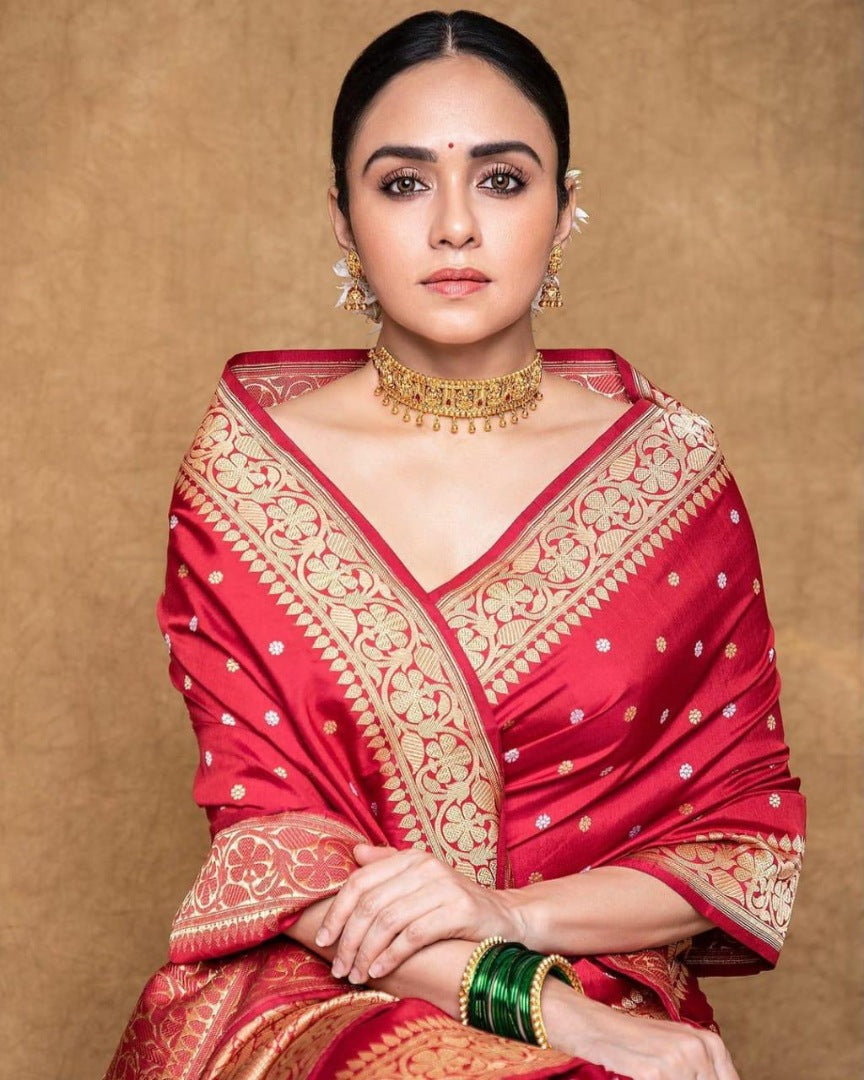 Red soft lichi silk jacquard weaving work wedding saree