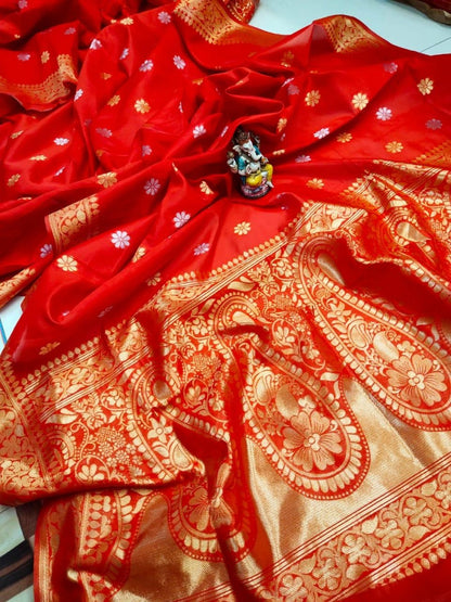 Red soft lichi silk jacquard weaving work wedding saree