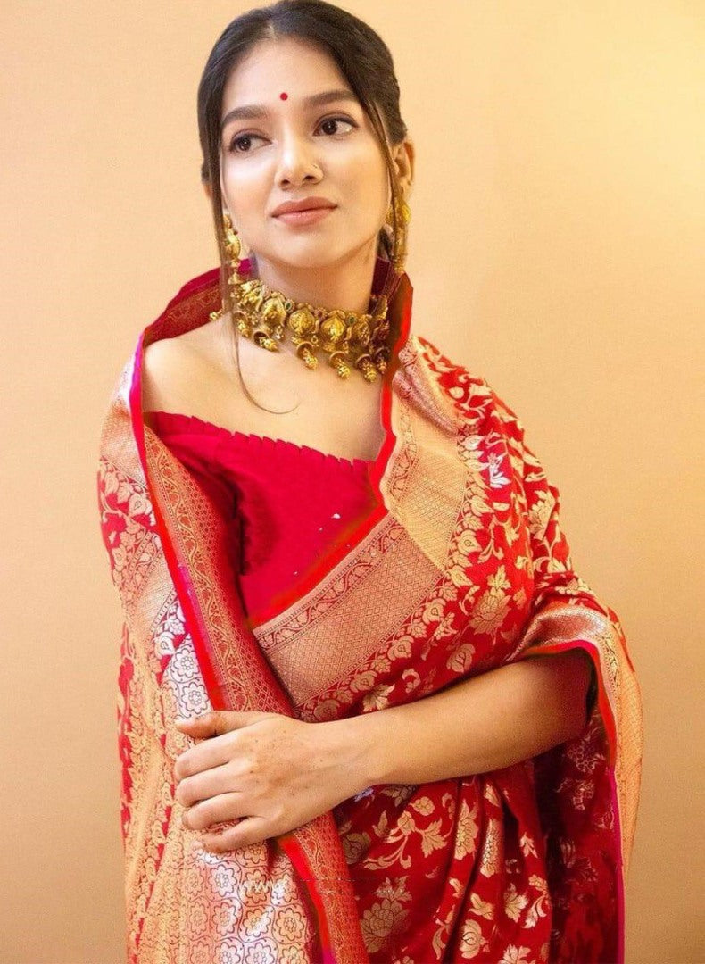 Red soft lichi silk jacquard weaving work wedding saree