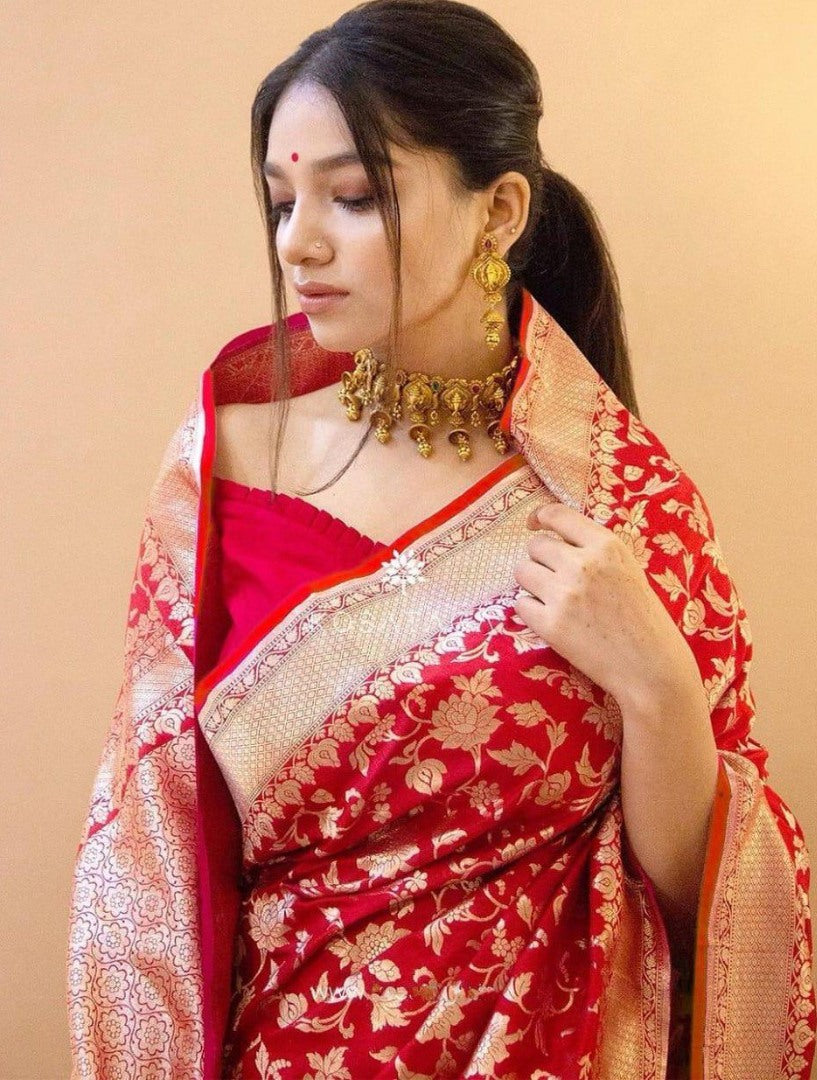 Red soft lichi silk jacquard weaving work wedding saree