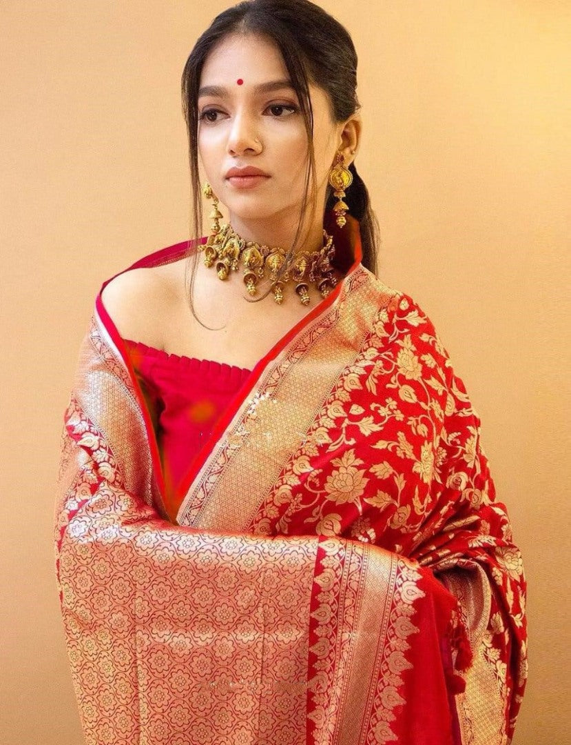 Red soft lichi silk jacquard weaving work wedding saree