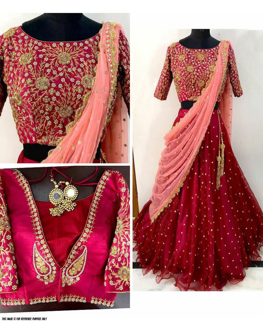Red soft mono net designer embroidered wedding lehenga choli