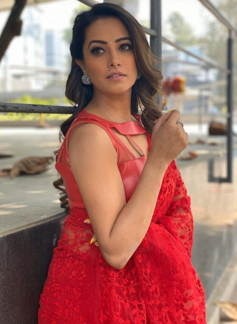 Red soft net heavy embroidered saree