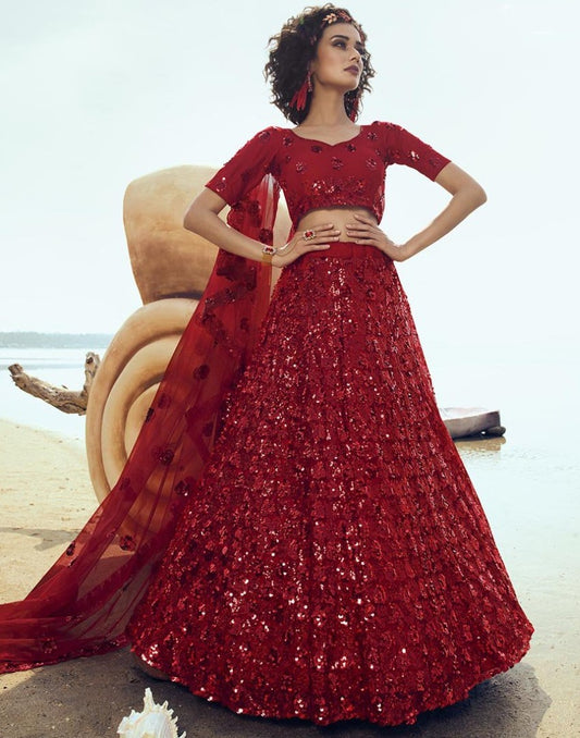Red soft net sequence work ceremonial lehenga choli
