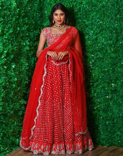 Red soft net sequence work wedding lehenga choli