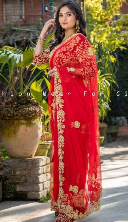 Red soft net thread work saree