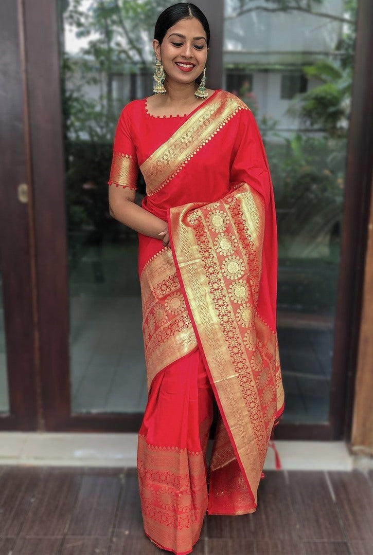 Red soft silk weaving work wedding saree