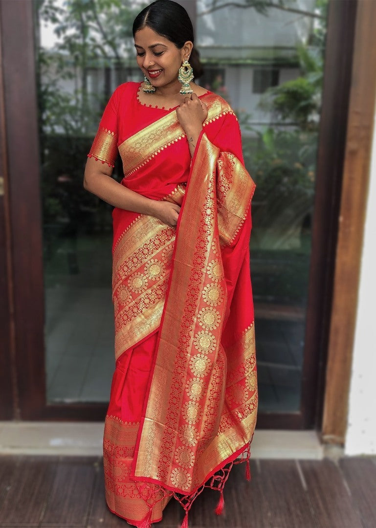 Red soft silk weaving work wedding saree