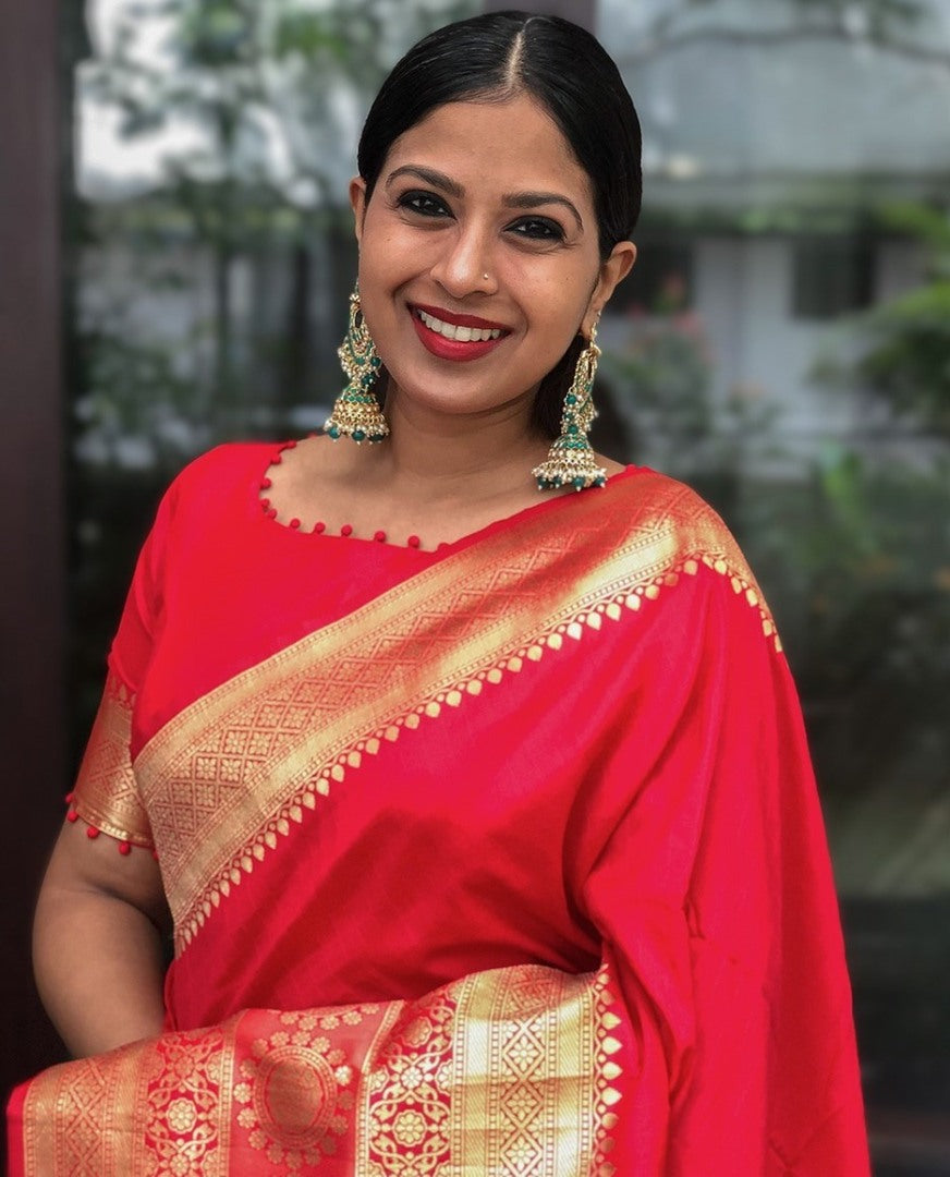 Red soft silk weaving work wedding saree