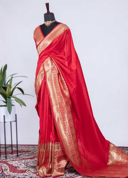 Red soft silk weaving work wedding saree