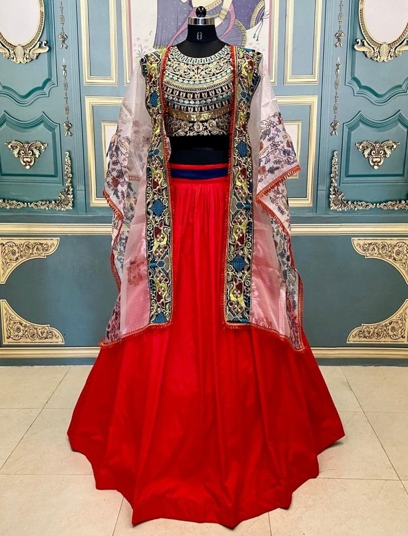 Red soft taffeta silk heavy embroidered lehenga with shrug