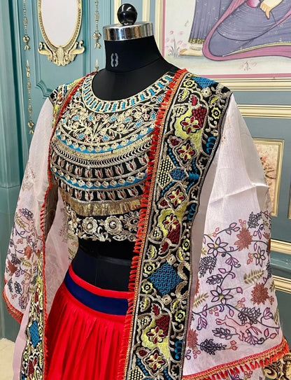 Red soft taffeta silk heavy embroidered lehenga with shrug