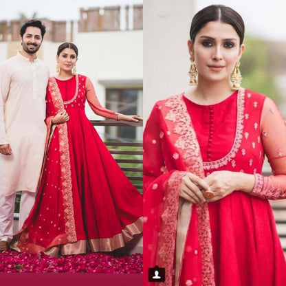 Red tapeta silk beautiful partywear anarkali suit