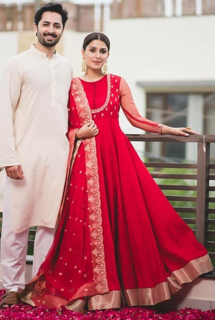 Red tapeta silk beautiful partywear anarkali suit