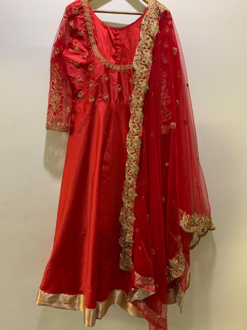 Red tapeta silk beautiful partywear anarkali suit