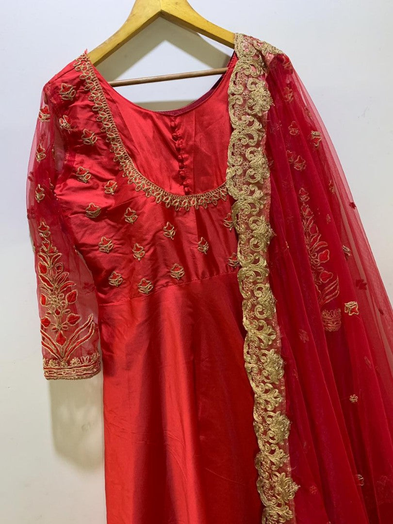 Red tapeta silk beautiful partywear anarkali suit