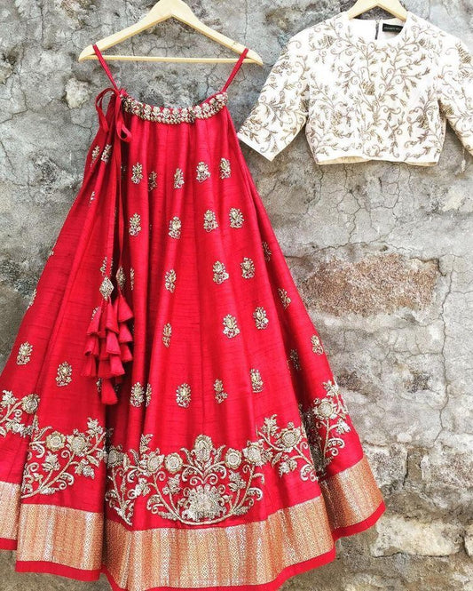red tapeta silk designer embroidered ceremonial lehenga