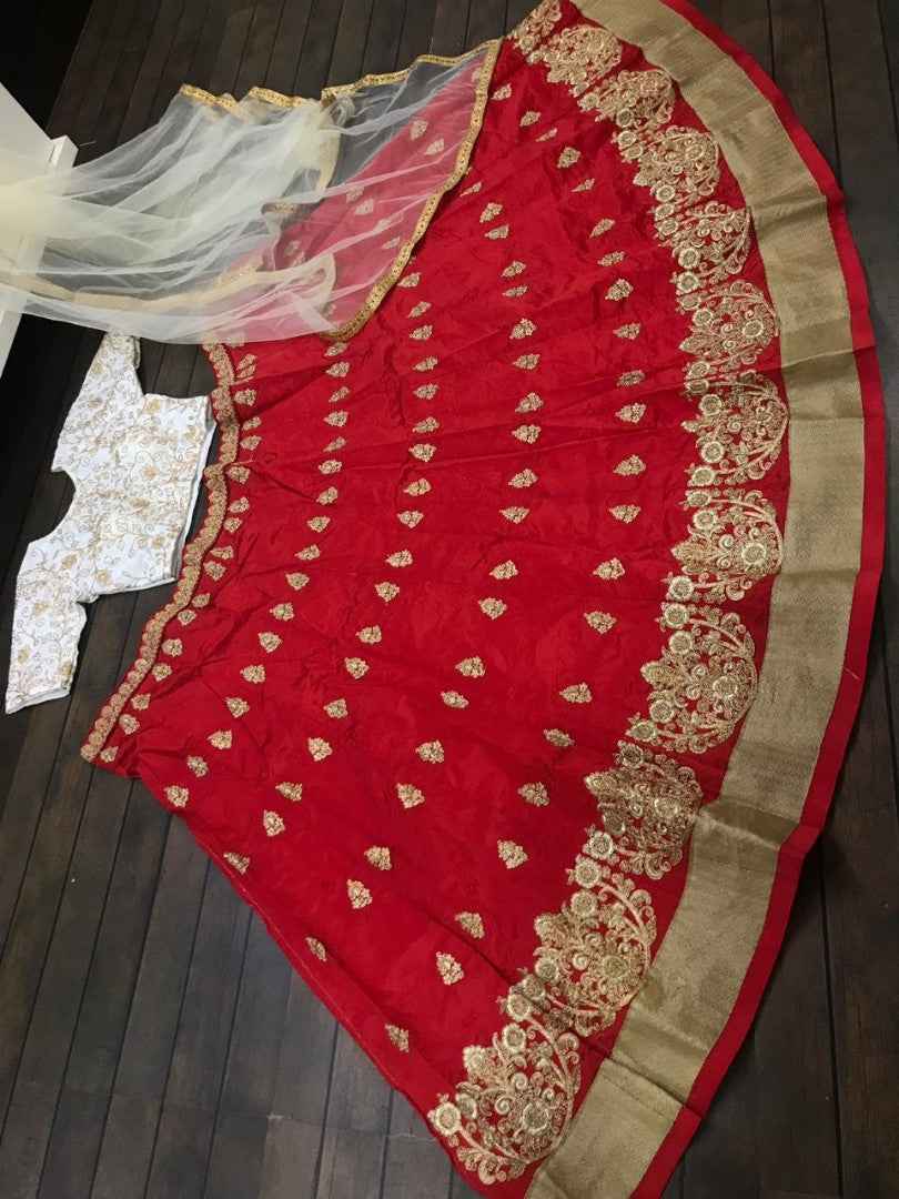 red tapeta silk designer embroidered ceremonial lehenga