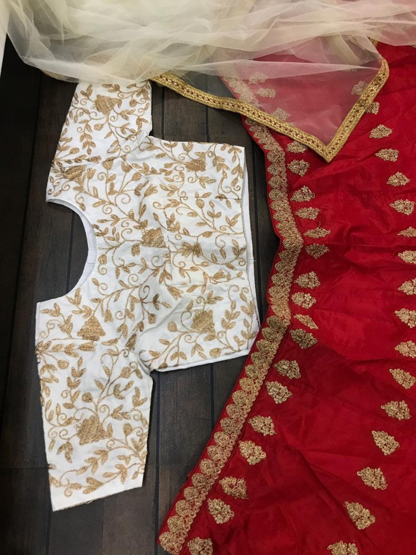 red tapeta silk designer embroidered ceremonial lehenga