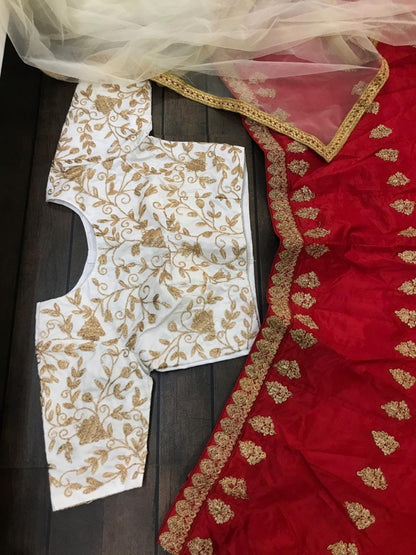 red tapeta silk designer embroidered ceremonial lehenga