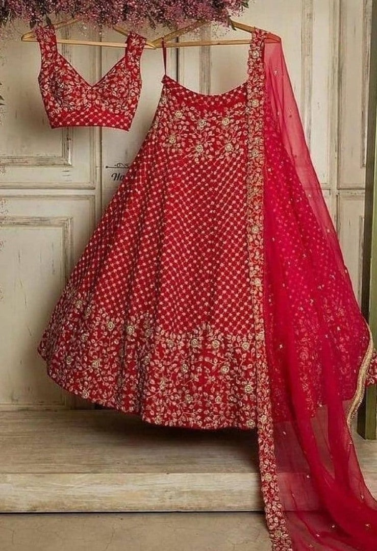 Red tapeta silk heavy embroidered wedding lehenga choli
