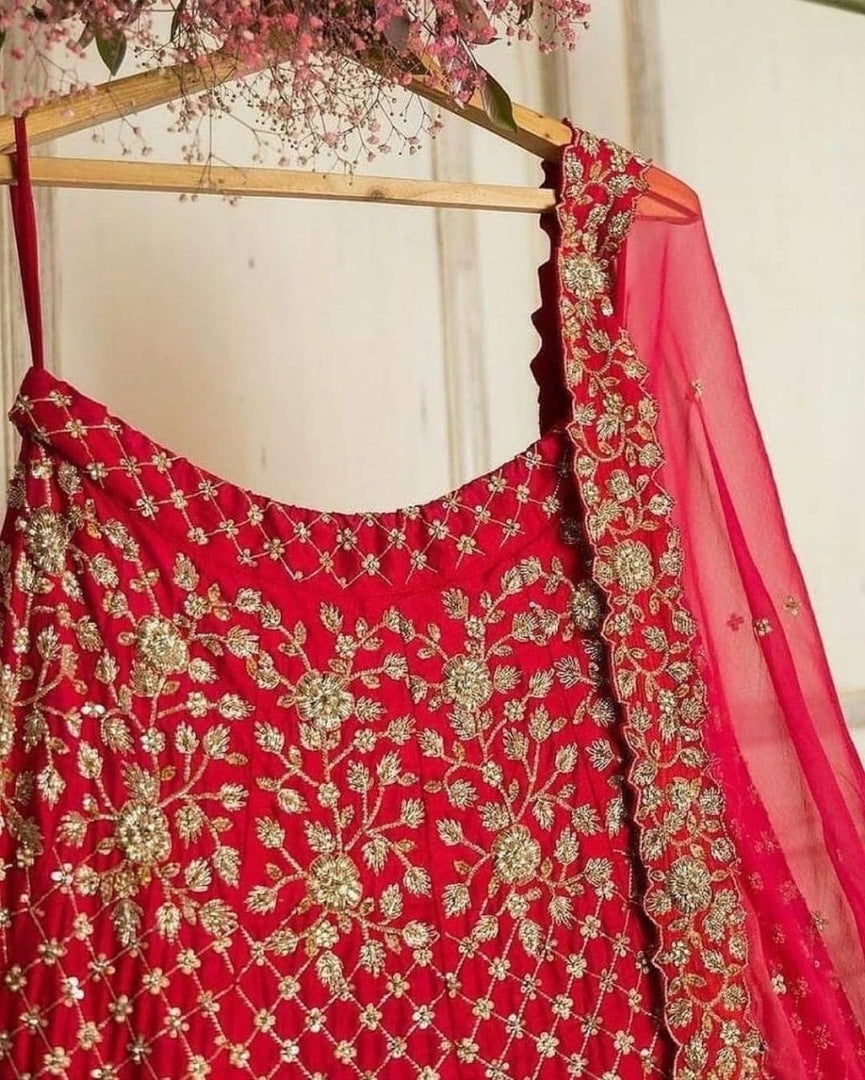 Red tapeta silk heavy embroidered wedding lehenga choli