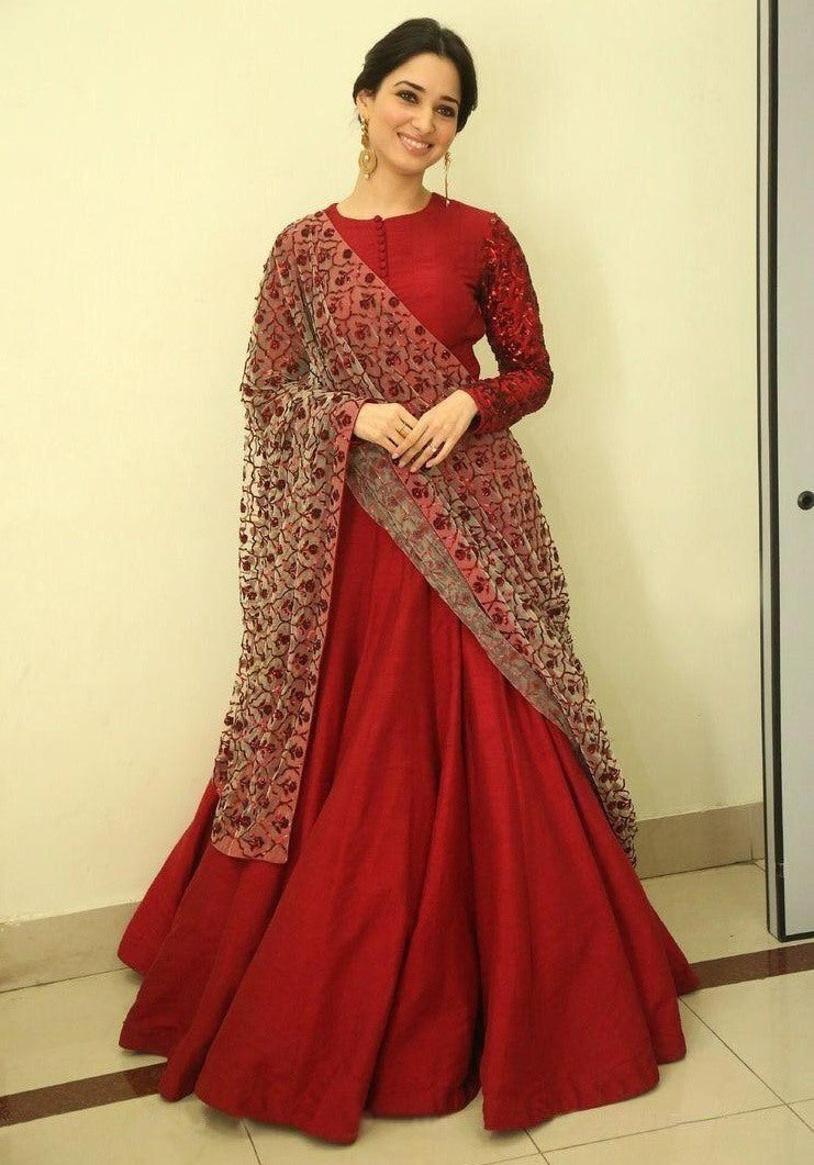 Red tapeta silk partywear gown with sequence work dupatta