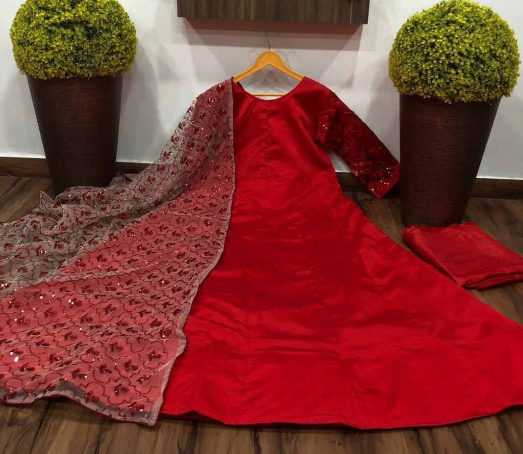 Red tapeta silk partywear gown with sequence work dupatta