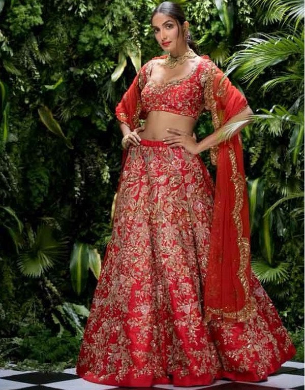 Red thai silk embroidered heavy bridal lehenga