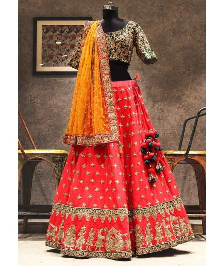 Red thai silk heavy embroidered bridal lehenga