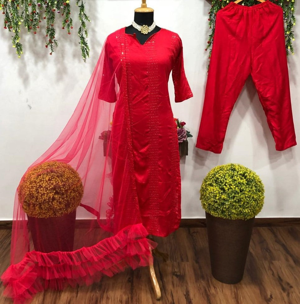 Red thread and sequence work salwar suit