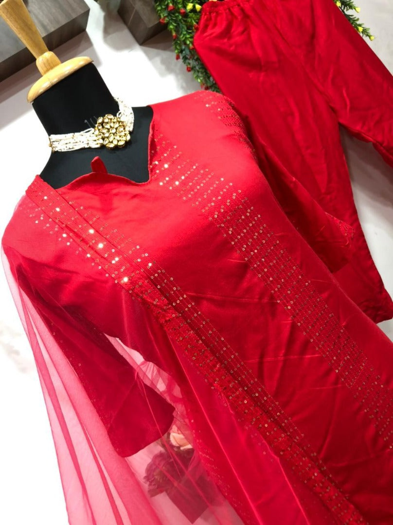 Red thread and sequence work salwar suit