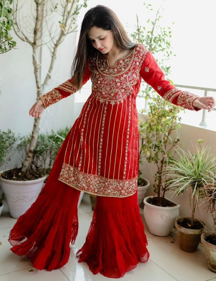 Red thread sequence work sharara suit