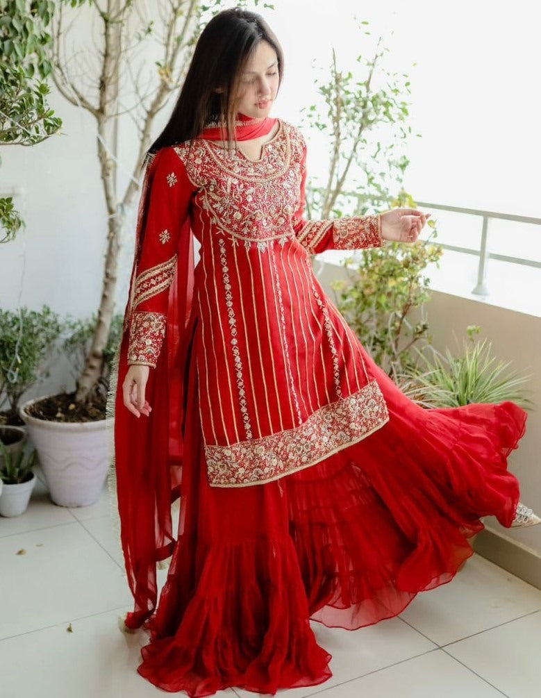 Red thread sequence work sharara suit