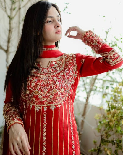 Red thread sequence work sharara suit