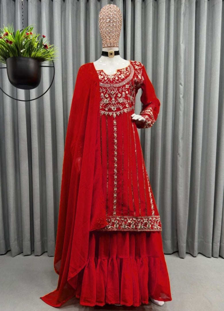 Red thread sequence work sharara suit