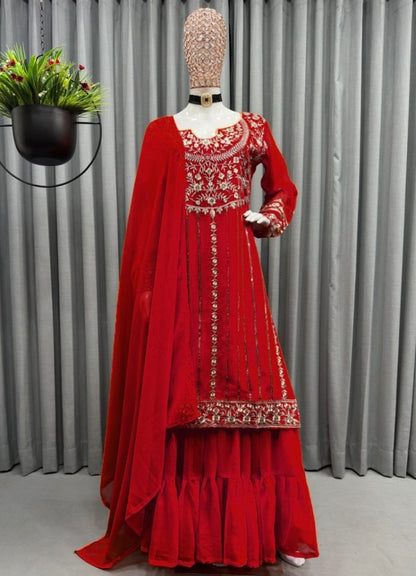 Red thread sequence work sharara suit