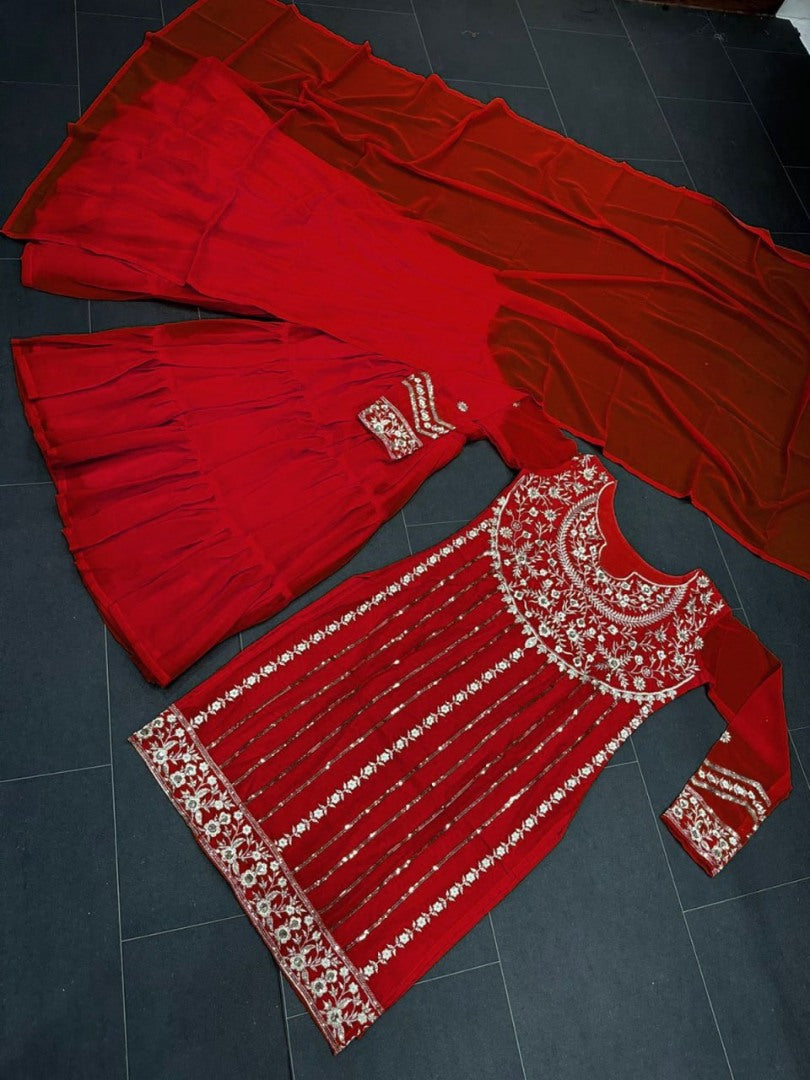 Red thread sequence work sharara suit