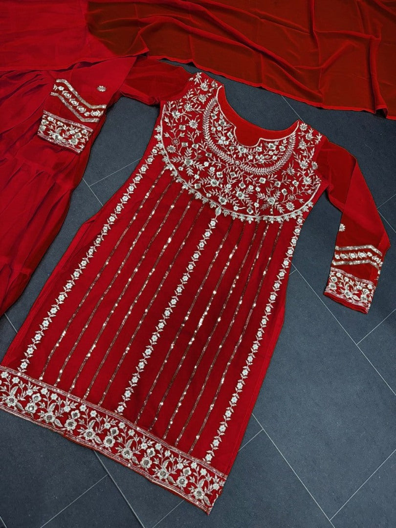 Red thread sequence work sharara suit