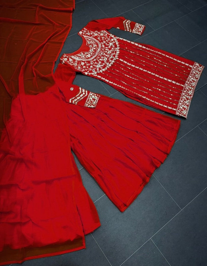 Red thread sequence work sharara suit