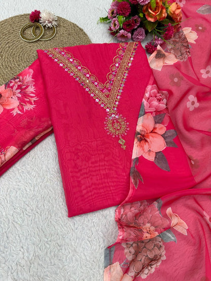 Red tibby silk unstitched salwar suit