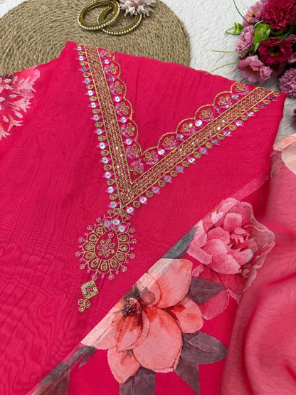 Red tibby silk unstitched salwar suit