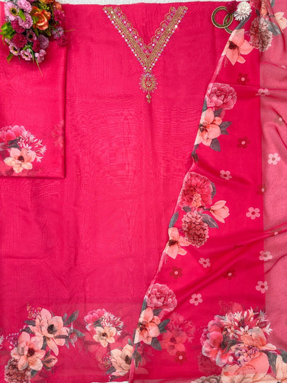 Red tibby silk unstitched salwar suit