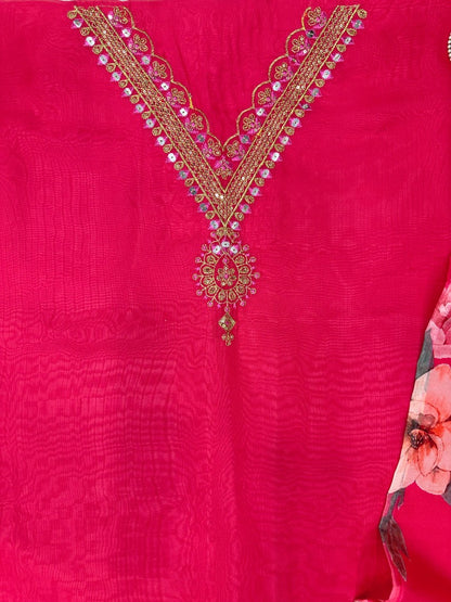 Red tibby silk unstitched salwar suit